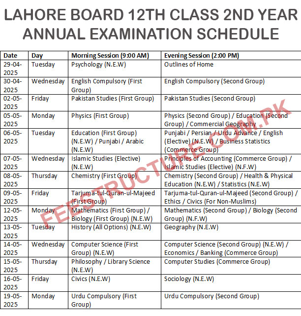 BISE Lahore Board 12th Class Date Sheet 